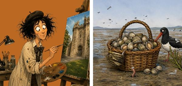 cartoon images of a woman painting at an easel and an oystercatcher beside a basket of cockles on the sands of Morecambe Bay.